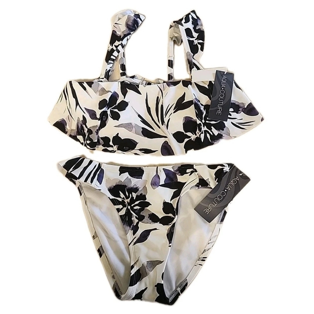 NWT Aqua Couture 2Pc Ruffle Bikini Set White Black Floral - Top Med Bottom Small